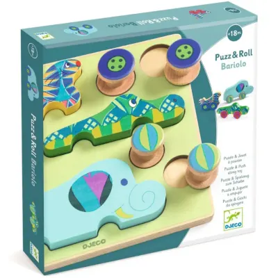DJECO Puzzle & Push Along Toy Animal Toy Cars jucărie interactivă cu piese care se pot insera 18m+ 12 buc