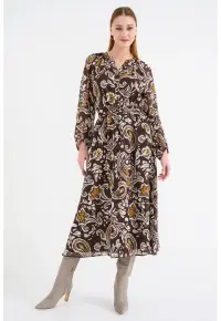 Rochie lunga cu imprimeu floral - Alb/Maro inchis/Galben mustar