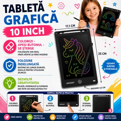 Tableta grafica de desenat pentru copii 10 diagonala, Drawing Tablet, Cu Buton De Stergere, Creion Inclus, Negru
