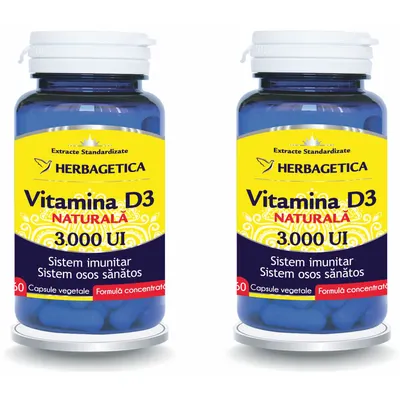 Pachet Vitamina D3 Naturala 3000UI 60cps + 60cps (50% reducere la al doilea produs)