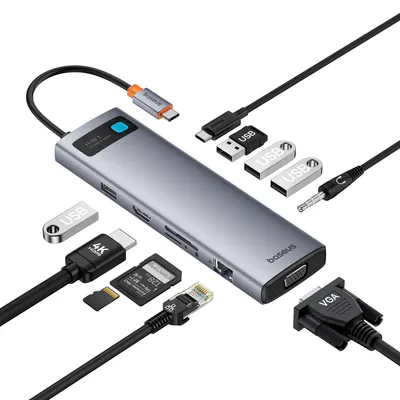 Hub USB-C Baseus Metal Gleam, 3 x USB-A 3.0 - 1 x USB-A - 1 x USB-C - 1 x HDMI - 1 x VGA - 1 x Jack 3.5mm - 1 x RJ45 - 1 x SD - 1 x microSD, Gri