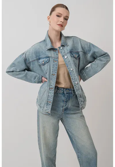 Jacheta din denim cu maneci cazute - Albastru deschis