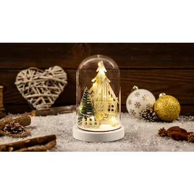 Casa de Craciun cu LED in balon, lemn, cu baterii (X24016) Timer 6+18h, 10LED, 3000K, 2xAAA