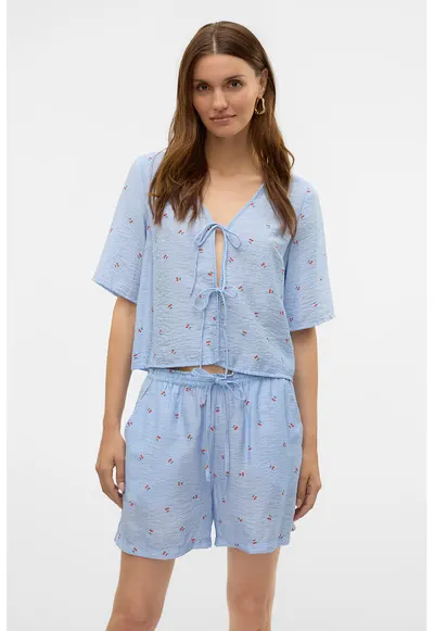 Bluza cu model floral si prinderi laterale - Rosu/Alb/Albastru lavanda