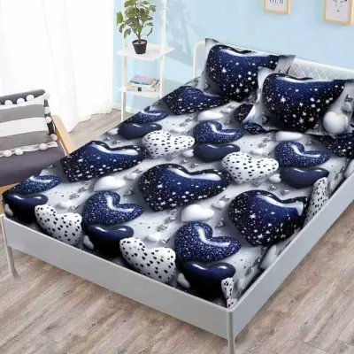 Cearsaf cu elastic, FINET, 180x200cm, 2 fete de perne 50x70cm, Albastru, inimioare