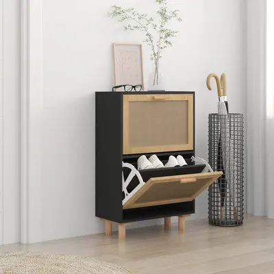 Gossi pantofar, negru, 52x25x80 cm, lemn prelucrat si ratan natural