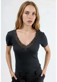 Bluza dama guler in V - detalii din dantela - negru - bumbac