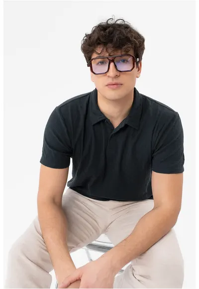Tricou polo barbati din bumbac cu model geometric - Regular Fit - O-Larix - albastru marin - Bleumarin
