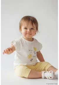 Set de tricou si colanti scurti cu imprimeu floral - Alb/Galben