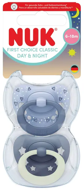 Suzete din silicon NUK First Choice - Day & Night, 6-18 luni, pentru băiat, mov, 2 buc