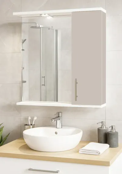 Dulap baie suspendat seria 020 cu oglinda, front MDF, taupe, 65x71 cm