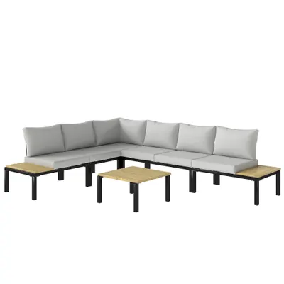 Outsunny Set de grădină modular 6 piese Set canapea exterior transformabil într-un pat Masă de cafea și măsuțe laterale Gri | Aosom Romania