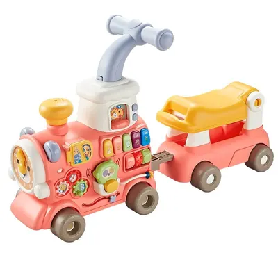 Antepremergator multifunctional 5 in 1 pentru copii Malplay Choo-Choo Pink, cu vagon-scaunel, sortator de forme, pian muzical iluminal cu 5 clape colorate, dimensiune 69 x 34 x 30 cm