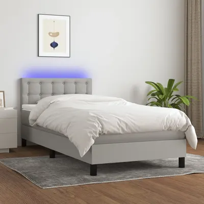 vidaXL Pat cu arcuri, saltea și LED, gri deschis, 90x200 cm, textil