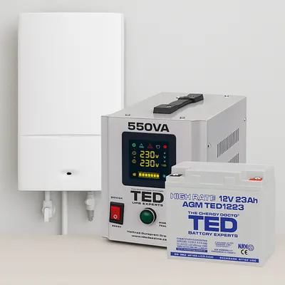 Pachet UPS 550VA cu acumulator 12V 23Ah – protectie si autonomie extinsa pentru centrale termice