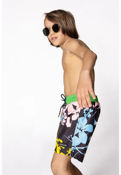 Pantaloni scurti de baie cu model floral - Negru/Galben/Albastru