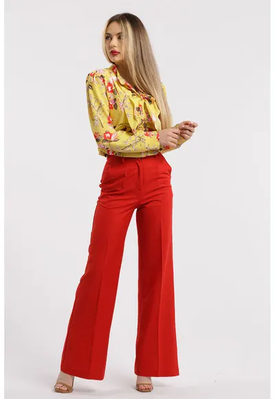 Pantaloni drepti cu talie inalta - Rosu vermillion