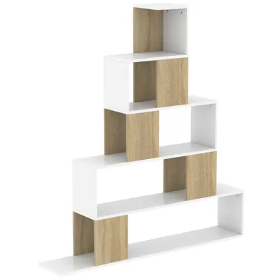 HOMCOM Bibliotecă cu 5 Rafturi Tip Trepte, Alb și Lemn Natural | Aosom Romania