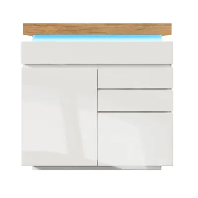 Comodă cu 2 uși & 3 sertare, iluminare LED, dulap multifuncțional pentru living și dormitor, 110x39x115 cm, Alb