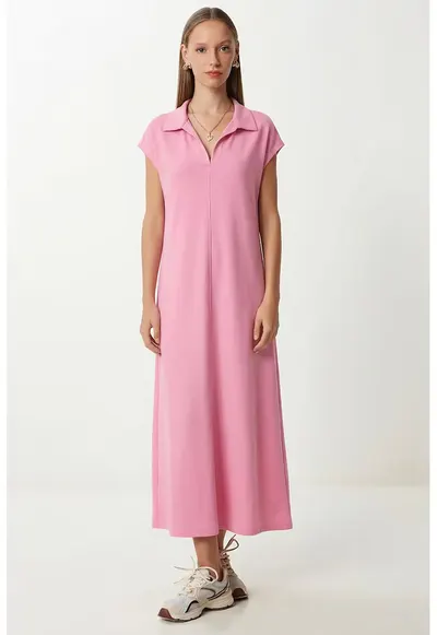 Rochie Midi Happiness Istanbul - Casual - roz - Buzunar - 95% bumbac