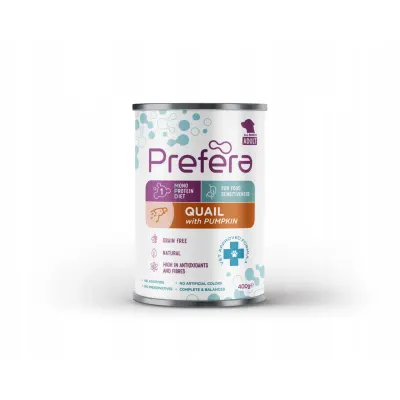 PREFERA MPD, XS-XL, Prepeliță și dovleac, dietă veterinară, conservă hrană umedă monoproteică fără cereale câini, (în suc propriu), 400g