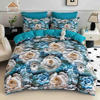 Lenjerie de Pat Bumbac Finet 5D 4 Piese cu Elastic 140x200 , Azure Bloom