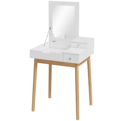 HOMCOM Masă de toaletă cu oglindă, masă de machiaj în stil modern - 2 sertare, oglindă rabatabilă pentru dormitor, living, 60 x 50 x 85,5 cm alb | Aosom Romania