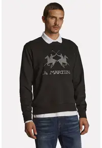 Bluza sport cu decolteu la baza gatului si imprimeu logo - Negru stins