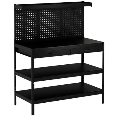 HOMCOM Banc de lucru cu rafturi reglabile, stație de lucru robustă cu panou perforat și 2 sertare, 122 x 61 x 156 cm, Negru | Aosom Romania