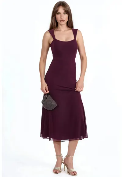 Rochie Midi A-line guler inima - rosu burgundy - elegant - poliester