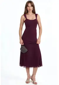 Rochie Midi A-line guler inima - rosu burgundy - elegant - poliester