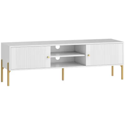 HOMCOM Comodă TV, mobilier TV pentru televizoare de până la 165,1 cm cu 2 uși, 2 compartimente deschise, picioare din oțel, 140x38x45,9cm, alb | Aosom Romania
