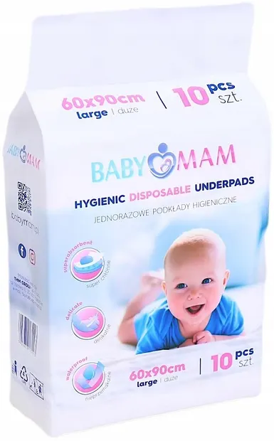 Set 10 aleze impermeabile pentru copii, BabyMam, utilizare multipla, de unica folosinta, masura large, dimensiune 60 x 90 cm