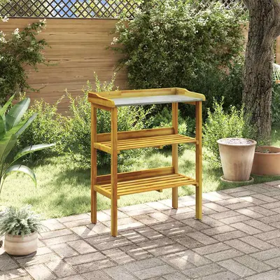 vidaXL Bancă plantare cu 2 rafturi, lemn masiv de acacia și zinc