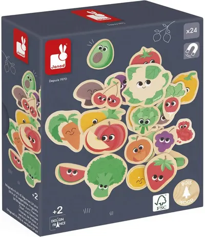 Set de magneți din lemn Janod - Fructe și legume, 24 buc