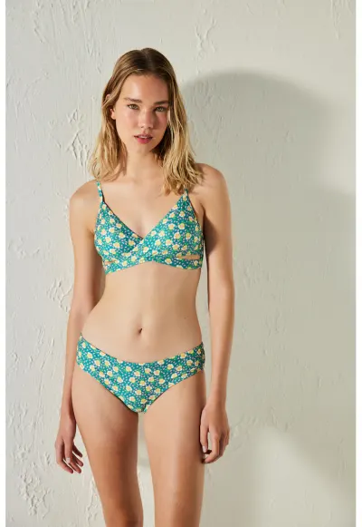 Sutien de baie triunghiular cu imprimeu floral - Verde/Galben/Lila