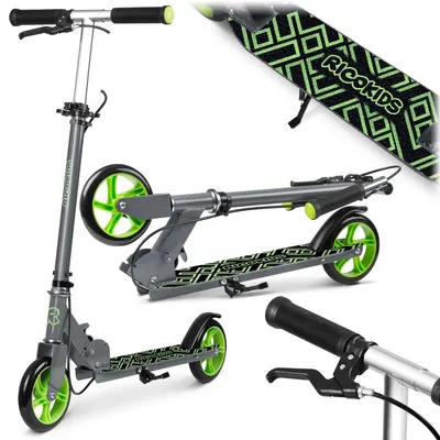 Trotineta pentru copii Ricokids Kodi NegruVerde pliabila, inaltime ghidon reglabila, platforma antiderapanta, roti din PU rezistente, rulmenti ABEC-7, 2 frane de mana si picior, manere ergonomice pliabile si cric