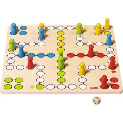 Joc board Game Ludo, din lemn premium, 28 x 28 cm, 2-4 jucători, 4 ani+, Goki 56710