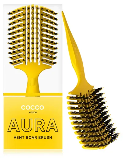 Perie profesională de păr Cocco - Aura Vent Boar Brush, cu peri naturali, galbenă
