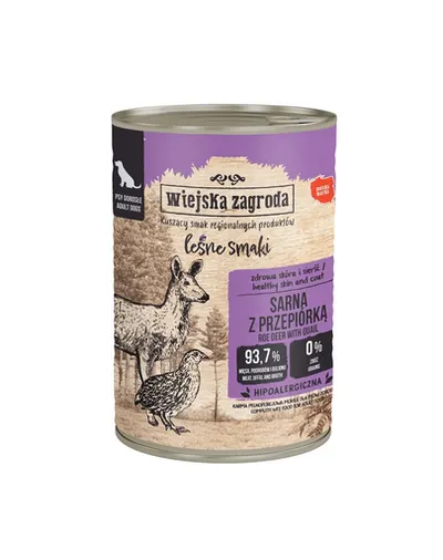 WIEJSKA ZAGRODA Arome din pădure, hrană umedă pentru câini cu carne de căprioară și prepeliță 6x400 g