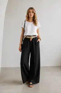 Pantaloni dama lejeri din in, cu talie elastica si curea, negri