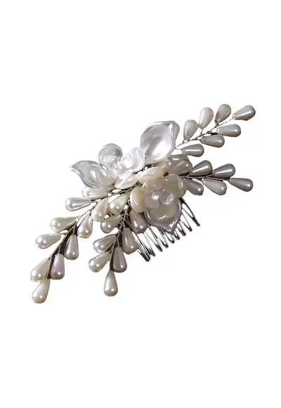 Set accesoriu de par si cercei - argintiu - cu flori albe si perle - 15.5 cm - Megan C9