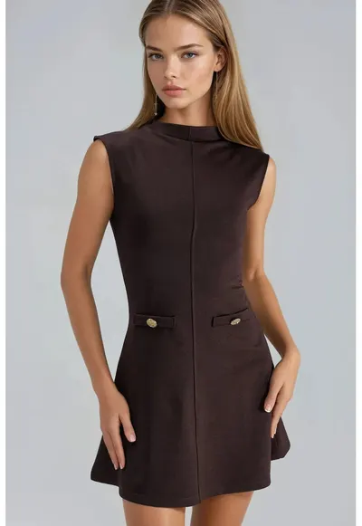 Rochie midi slim fit - cu buzunare - maro - textil