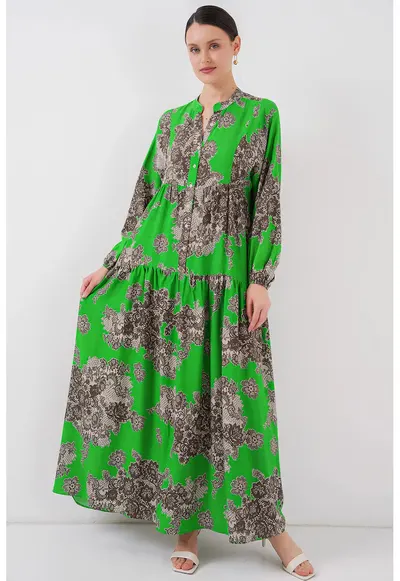 Rochie maxi dama - cu imprimeu - decolteu in V - HiCCUP - viscoza - maro/verde