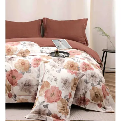 Lenjerie pat dublu, FINET DeLuxe, 6 piese, cu ELASTIC, Jojo Home, Cutie Eleganta, Alb, Maroniu, Flori