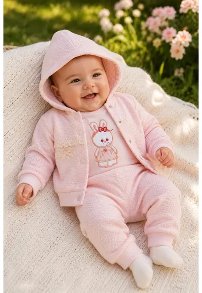 Compleu bebe fetite 3 piese roz cu hanorac body iepuras si pantaloni din bumbac - Fete - Roz