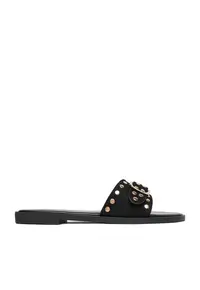 Papuci negru - piele ecologica - imitatie piele intoarsa