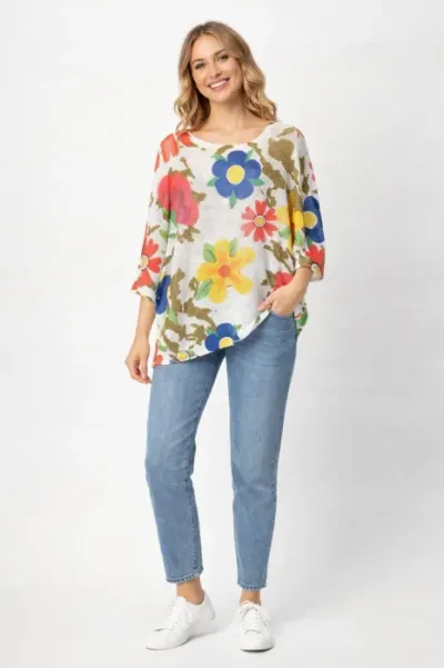 Bluza cu maneca fluture trei sferturi si imprimeu flori stilizate multicolore pe fond alb