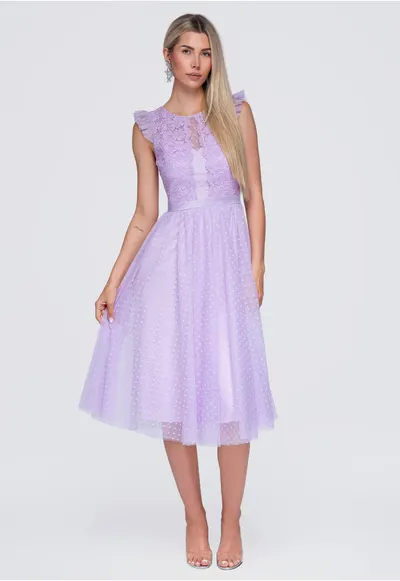 Rochie midi eleganta cu decolteu rotund si detalii din dantela LA-OM-DLR423 - Mov