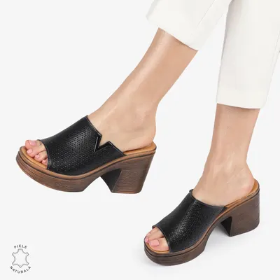 Sandale elegante din piele naturală CU TOC GROS SI INALT CRL1405 NEGRU